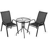 Clevich 3-TLG. Balkonmöbel Set, 2 Stapelbare Hochlehner Gartenstühle aus Textilene & Tisch Rund mit Sicherheitsglas, Wetterfest Gartenmöbel Set, Bistroset Kleiner für Balkon, Terrasse, Pool, Schwarz