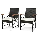KOMFOTTEU 2er Rattanstuhl Set, Terrassenstuhl mit X Design Armlehnen aus Holz, Gartenstuhl mit abnehmbarem Kissen, Balkonstuhl bis 180 kg belastbar für Balkon Terrasse Garten