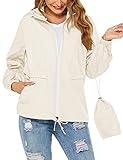 Tisfeer Laufjacke Damen Sommer Wasserdicht Atmungsaktive Regenmantel Windbreaker Packbar Faltbare Regenjacke(Beige,XL)