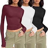 Rotes Oberteil Damen, 1er oder 3er Pack Basic Slim Fit Langarmshirt Damen Enges Y2K Top Schwarz und Weiß Langarm Rundhals Unterziehshirt Elegant Sexy Oberteile Cropped Tee Longsleeve Skims Dupe