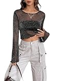 GORGLITTER Damen Transparenter Mesh Oberteil Glitzer Netzstoff Tops Crop T-Shirt Netzshirt Langarmshirt mit Wellensaum Grau L