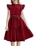 Arshiner Sommerkleid Rot Mädchen Kleider Rundhals Chiffonkleid Kinder Ärmelloses Kleid Niedlich Kinderkleid A-Linie Partykleider Karnevalskleid Freizeitkleid mit Gürtel 9-10 Jahre