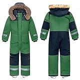 linboo Unisex Kinder Skioverall Wasserdicht Schneeanzug mit Kapuze Atmungsaktiv Schneeoverall Winddicht Skianzug für Jungen Mädchen Verdickt Warm Winteranzug, Grün, 134-140