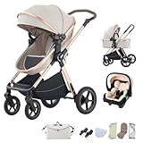 BEBBY 3-in-1 Kinderwagen KombiKinderwagen-Set 2-in-1 Buggy faltbar Luxus Hochlandschaft Neugeborenes Tragbarer Kinderwagen Zusammenklappbarer Kinderwagen Kinderwagen Travel System (D2-RICEWHITE)