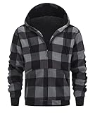 geeksport Fleecejacke Herren Sweatjacke Männer mit Kapuze Warme Kapuzenjacke Gefüttert Winterjacke Kariertes Hoodie mit ReißVerschluss, 0569-Grau 2XL