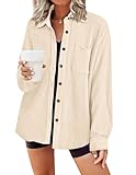 Zeagoo Bluse Damen Vintage Jacke Waffel Hemd Lose Revers Bluse Langarmshirt Einfarbig Streetwear Outwear Mit Tasche Beige L