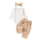 Geagodelia Baby Mädchen Kleidung Babykleidung Outfit Set Langarm Body Strampler + Gänseblümchen Hose + Stirnband Neugeborene Weiche Babyset (Beige, 3-6 Monate)