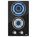 Domino Gaskochfeld, IsEasy Glas Gaskochfeld mit Automatischer Thermoelementschutz, 2 Gaskochfelder Schwarz Glasherd, Erdgas(20mbr)/Propangas(30/50mbr), 3300 W/1000 W, 30cm, 220-240V