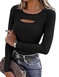Aottori Langarmshirt Damen Cut Out Slim Fit Pullover Gerippt Elegant Oberteile Stretch Baumwolle T-Shirt Langarm Rundhals Basic Tops Eng Casual Schwarz S