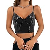 Segreto Damen Glitzer Pailletten Tanktop Ärmellos Spaghettiträger Sexy Crop Top Trägertop Festival Party Club Schwarz Camisole