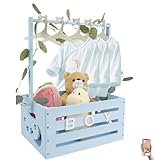 Baby Korb für Neugeborene Holz 40x30x55CM Babykorb mit 10 Puppenkleiderbügel und 24 Brief Holz Ein Geschenkkorb Der mit Stofftieren Grußkarten Kleidung Ergänzt Werden Kann (Blau,Holz)