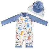 UMELOK Baby Jungen Badeanzug UV Schutz 50+ Einteilige Schwimmanzug Mit Sonnenhut (Grau Dinosaurier, 0-3 Monate/55-62 cm)