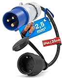 feletec CEE Adapter CEE Stecker auf Schuko Kupplung, 35cm Camping Strom-Kabel, IP44 Camping Verlängerungskabel, H07RN-F 3G2,5 Campingstecker Adapter 16A