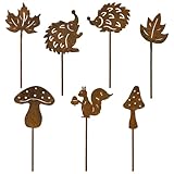 BOFUNX 7 Stück Rost Gartenstecker - Herbst Gartendeko Metall Eichhörnchen Igel Pilz Herbstblätter Herbstdeko Tier Rostfigur Deko für Herbst Garten Terrasse Balkon Blumentopf