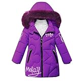 linboo Winterjacke Mädchen Wintermantel mit Abnehmbarer Fellkapuze Warme Lang Mantel Kinder Parka Outdoor Jacke mit Buchstaben und niedliche Muster, Lila, 110