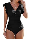 Vancavoo Badeanzug Damen Bauchweg Push Up Badeanzüge Einteilige Rückenfrei Rüschenärmel Strandmode Bademode Swimsuit Bikini Suits,Schwarz,L