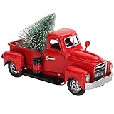 BELLE VOUS Vintage Rotes Auto mit Weihnachtsbaum - 17 cm - Metall Pickup Auto mit Baum Weihnachten Deko - Weihnachtsfiguren Deko für Tisch, Kaminsims & Regal