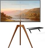 PUTORSEN TV Ständer im Staffelei Design für TV 45-65 Zoll, TV Stativ Buchenholz mit Medienablage, 45 Grad schwenkbar, max. VESA 400 x 400 mm und Belastung bis 40KG