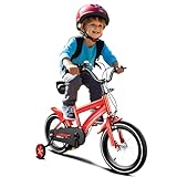HauTour Kinderfahrrad 14 Zoll Kinderfahrrad Fahrrad mit Hilfsrädern Kinderfahrrad, Lenkrad und Sattel höhenverstellbar für 3-6 Jahre (Rot)