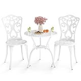 COSTWAY 3-TLG. Gartenmöbel Set, Bistrotisch mit 2 Stühlen, wetterfestes Balkonset, Balkonmöbel aus Aluminiumguss, Terrassenmöbel, Gartengarnitur, Sitzgruppe für Terrasse, Balkon, Garten (Weiß)