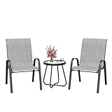 Amopatio 3 TLG. Balkonmöbel Set, Bistroset Kleiner mit Bistrotisch & 2 stapelbare Gartenstühle aus Textilene und Metallgestell, Gartenmöbel Wetterfest für Balkon, Garten, Grey