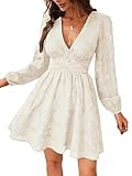 CUPSHE Damen Kleid Spitzenkleid V Ausschnitt Knöpfen Langarm Floral Spitze A Linie Freizeitkleider Elegant Party Mini Dress Elfenbein M