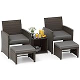 COSTWAY Rattan Gartenmöbel Set, Balkonmöbel, Balkonset inkl. 2 Stühle mit Kissen, Hocker & Tisch, Terrassenmöbel, Gartengarnitur, Sitzgruppe für Garten, Balkon, Terrasse (Grau)
