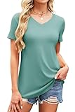 Teesho Damen Tshirt Kurzarm V-Ausschnitt Longshirt Sommer Oberteile Elegant Baumwolle Shirts Lang Tops Bluse Tunika (hellgrün/L)
