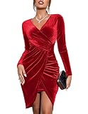 Zeagoo Damen Winterkleid Langarm Festlich Samtkleid V-Ausschnitt Enge Kleider figurbetont Cocktail Kleider Slim Fit Rot XXL