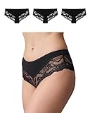 Snocks 3er Pack Hipster Lace - Damen Baumwolle Panties mit Spitze - Unterhose Damen Slip - Gr. XL - Farbe Schwarz