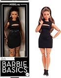 Barbie Basics-Modell 5, Sammlerpuppe mit brünetten Haaren, schwarzem Minikleid und Absatzschuhen, Mode in universeller Passform, beweglichem Körper mit weiblichen Rundungen, JBH73