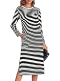 Fisoew Damen Gestreifte Maxikleider Herbstkleid Langarm T Shirt Kleider Rundhalsausschnitt Lässiges Freizeitkleid mit Taschen.Schwarz.M