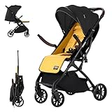 Daliya® YOOPI Reisebuggy, kompakt faltbar, mit Teleskopgriff, Flugzeug Buggy, leichter Alluminiumrahmen, große Räder, Stufenlose Rückenlehne, Stadt-Buggy, Aufbewahrungstasche (Schwarz-Gelb)