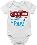 Baby Body Junge Mädchen - Sprüche - Ich versuche mich zu benehmen aber ich komme nach meinem Papa Blitze - 1/3 Monate - Weiß - pinkelparty geschenke babymode witzig spruch komm meinen bodys