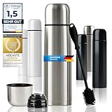 Edelstahl Thermosflasche mit Becher & Bürste; Thermoskanne Doppelwandige Isolierkanne; Auslaufsicher, Spülmaschinenfest & BPA-frei + Reinigungsbürste; hält Getränke heiß & kalt (Silber - 1000 ml)