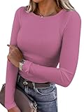 Titimiss Damen Rundhals Pullover Herbst Stretch Langarmshirt Elegant Langarm Rippshirt Oberteile Pulli Basic Tops A Rosa M