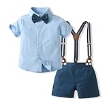 Volunboy Baby Jungen Anzug, Kurzarm Hemd mit Fliege + Hosenträger Shorts Strampler Sommer Bekleidung Set（Blau Marine，9-12 Monate，Größe 70）