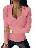 Chicrise Pullover Damen V Ausschnitt Gestricktes 2024 Sweatshirt Damen Casual Oberteile Trendy Rosa L 42-44