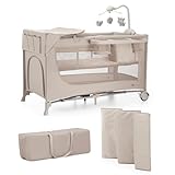 Kinderkraft Joy 2 Acc Kinderbett, 3 in 1 Kinderreisebett, Babybetten, Kinderbett, Reisebett, Modernes Design, Kleine Abmessungen nach Zusammenklappe, Praktisches Zubehör, Räder, Beige