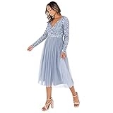 Maya Deluxe Damen Maya Deluxe Midi Elegant Hochzeit Ärmel Tiefer V Ausschnitt Pailletten Cocktailkleid Abschlussball Bridesmaid Dress, Dusty Blue, 42 EU