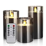 Led Kerzen,Grau Glas Kerzen mit Timer und Fernbedienung,Flackernde flamme Batteriebetriebene Candle,Elektrische Stumpenkerzen 3er Set für weihnacht,deko schlafzimmer,Wohnzimmer,badezimmer 4/5/6inch