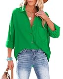 NONSAR Bluse Damen Lässiges Hemd mit V-Ausschnitt 100% Baumwolle Lockere Passform Solide Dickes Oberteil Elegant mit Tasche(9353XXL,Grün)