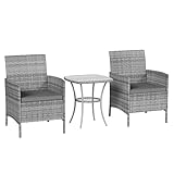 Amopatio Rattan Gartenmöbel Set, Balkonmöbel Set Kleiner 3 teilig, Outdoor Gartenlounge Wetterfest, Bistrotisch mit 2 stühlen, Terrassenmöbel für Terrasse, Balkon, Garten, Grau