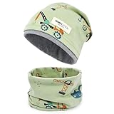 Kinder Beanie Mütze & Loop Schal Set, 95% Baumwolle Mütze Schal Set Mädchen Jungen 2-8 Jahren, Schlauchschal Warme Wintermütze Strickmützen für Herbst Winter Frühling(Grün)