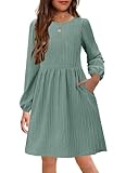 YOVION Mädchen-Strickkleid, Rundhalsausschnitt, Lange Ärmel, einfarbig, A-Linie, Herbstkleid, Freizeitkleider mit Taschen, für 6–12 Jahre, Salbei, 152