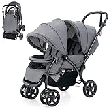 COSTWAY Geschwisterwagen klappbar, Zwillingswagen mit verstellbarer Rückenlehne & Verdeck, Reisebuggy mit Liegefunktion, Zwillingsbuggy Kinderwagen für Baby ab 6 Monate, 30 kg Belastbar (Grau)