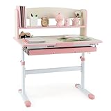 COSTWAY Schreibtisch Kinder, Kinderschreibtisch höhenverstellbar, Schülerschreibtisch mit neigbarer Tischplatte, Regal & Schublade, Jugendschreibtisch Zeichentisch für 3–12 Jahre Kinder (Rosa)