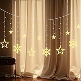 LEDYA LED Lichtervorhang Sterne & Schneeflocken, 1,65 m 138 LEDs Vorhang Lichterkette mit 8 Modi & Timer, Lichter mit Stecker für Weihnachten, Fenster, Schlafzimmer, Hochzeit, Party, Zuhause, Warmweiß