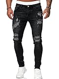 Osheoiso Herren Jeans Hose Slim Fit Denim Lange Destroyed Jeanshose für Männer Hip Hop Hose Coole Jungen Mode Stretch Freizeithose Schwarze Cargo Chino Hose Herbst A Schwarz M