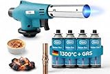 TOM Gasbrenner – Brenneraufsatz - Gaskartuschen mit Bajonettverschluss MSF-1A für Werkstatt, Garten, Küche & Co. – 1300°C – Piezozündung – Lötbrenner – Bunsenbrenner (Gasbrenner mit 4 Gaskartuschen)